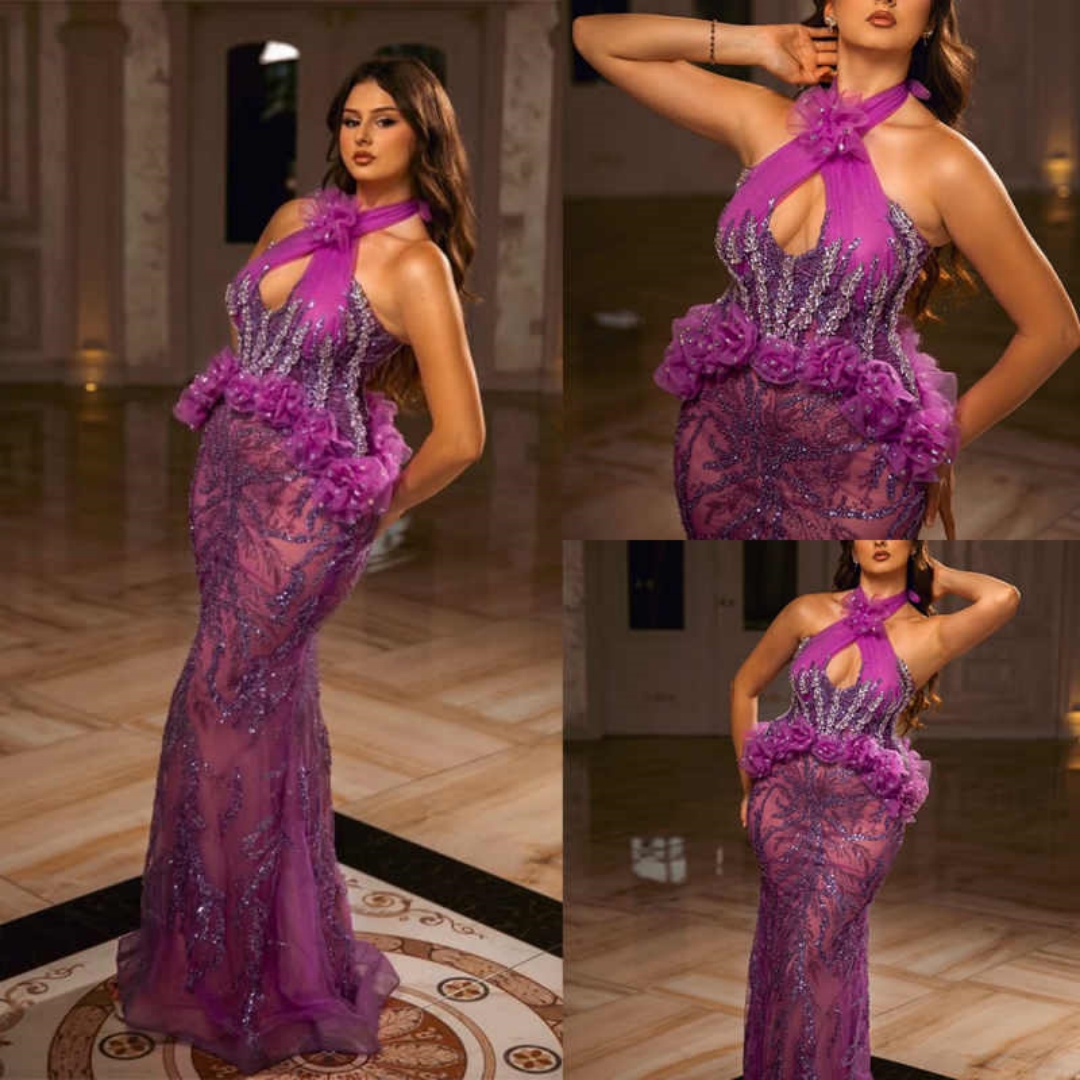 Plus Size Sequins Customized Mermaid Evening Dresses Halter Neck Crystal Floral Prom Gowns Floor Length Party Dresses