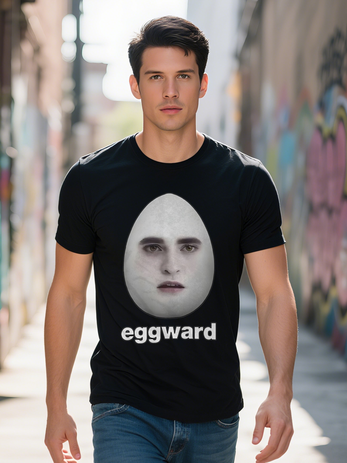 Men S Casual Crew Neck T-Shirt with EGWARD Portrait Face Design Black Short Sleeve Summer Style Perfect Gift for