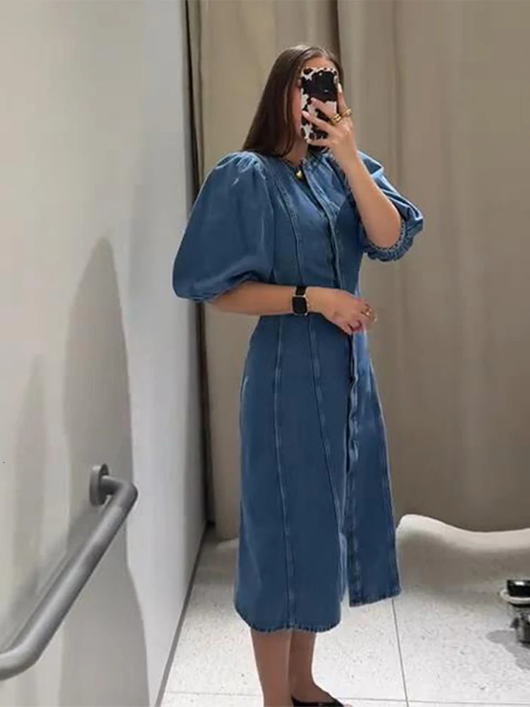 Denim Puff Short Sleeve Womens Dress Summer O-neck Covered Button Long Dresses Female 2025 Fashion Fit A-line Lady Robe 250813