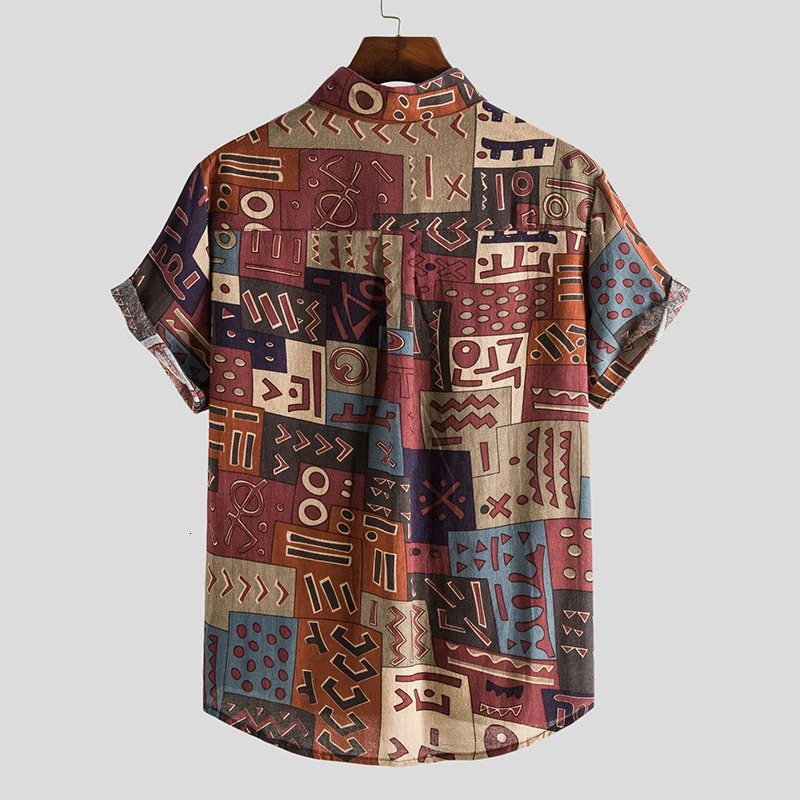 Mens Cotton Polyester Summer Short Sleeve Shirt Boho Geometric Pattern Hawaiian Beach Male Shirts Casual Blouse For Men 250804