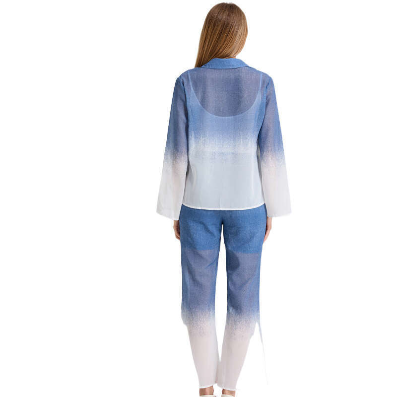 Fashion Gradient Print Shirt Sleeve Chiffon Blouse + High Waist Flared Pants Two-Piece Set