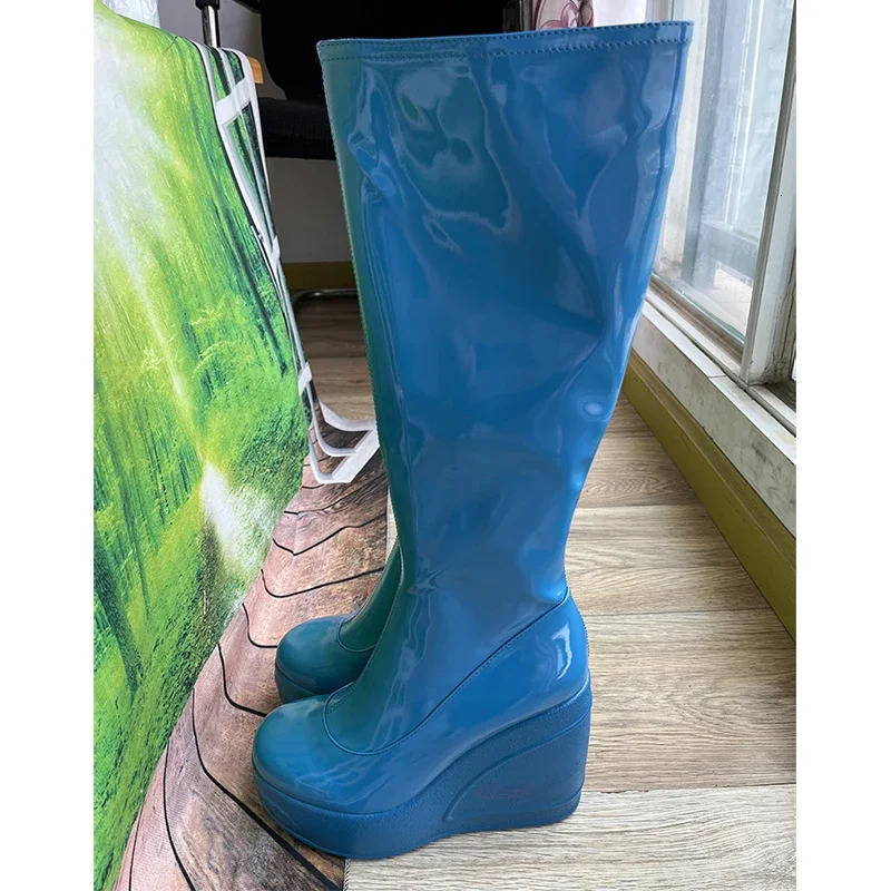 Black White Fashion Show Slope Heel Knee High Boots Womens Party Thick Heel Side Zipper Patent Leather Elastic Boots Size 34-43 250812