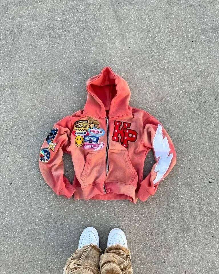 Y2k Fashion Retro Punk Trendy Brand Zipper Hoodie Mens American Street Haruku Hip Hop Letter Embroidered Oversized Sweatshirt