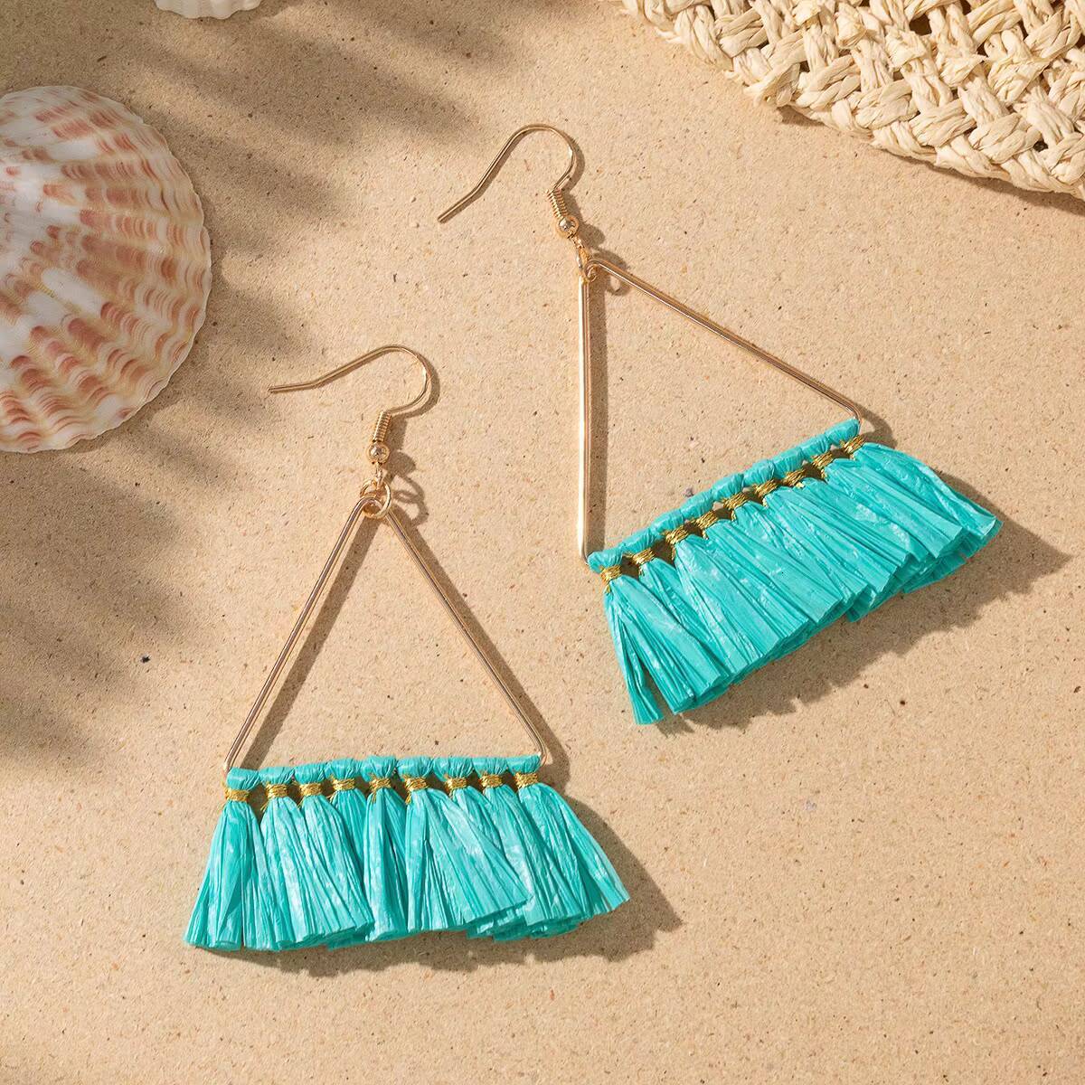 Raffia Woven Geometric Tassel Niche Exaggerated Earrings for Women Uionen 1059
