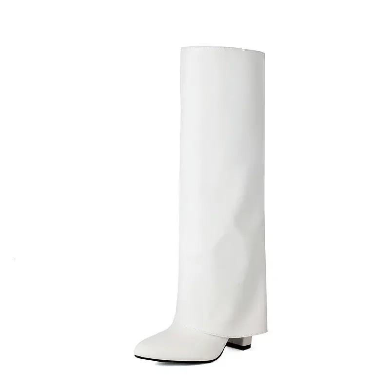 2025 Knee High Womens Fold Boots PU Leather Pointed Toe Long Boot Thick Soled High-heeled Shoes 250812