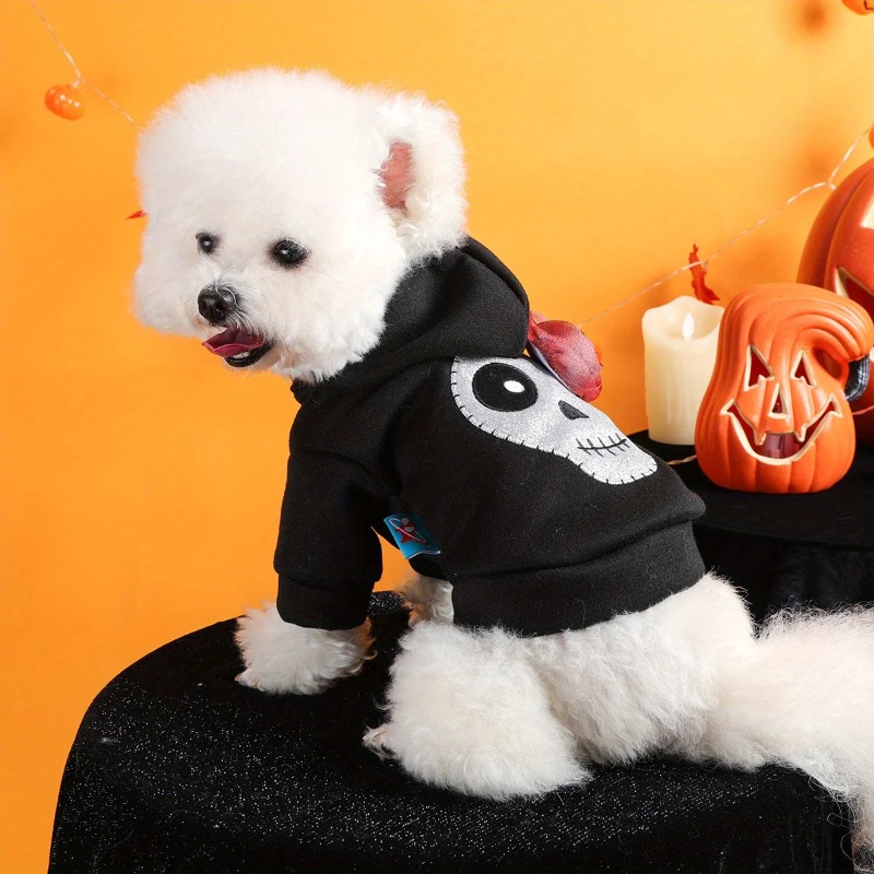 Skull Halloween Pet Sweater Clothes Dog Cat Black Thickened Funny White Skull Embroidered Button Hooded Jacket