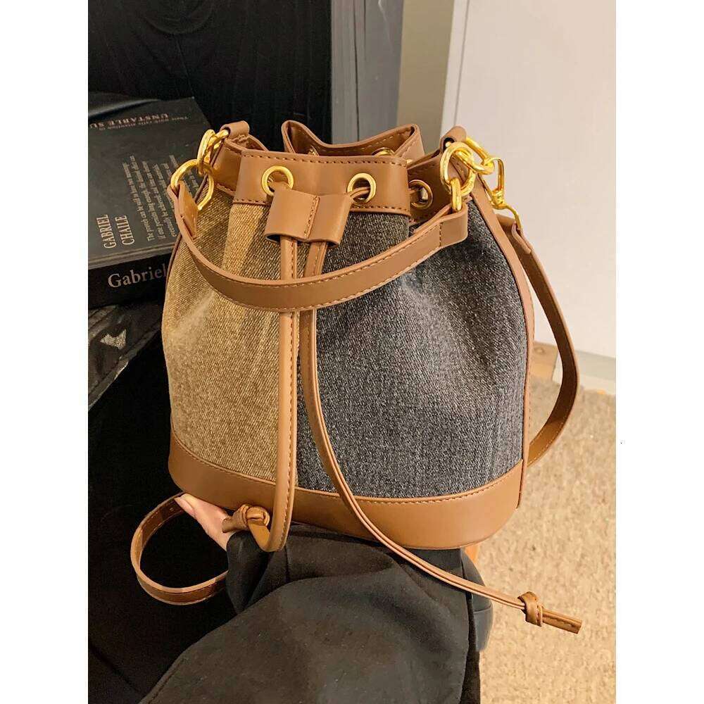 Vintage Women Bucket Bag Contrast Color String Handle Bags Large Capacity Female Commuting Messenger Shoulder Pack