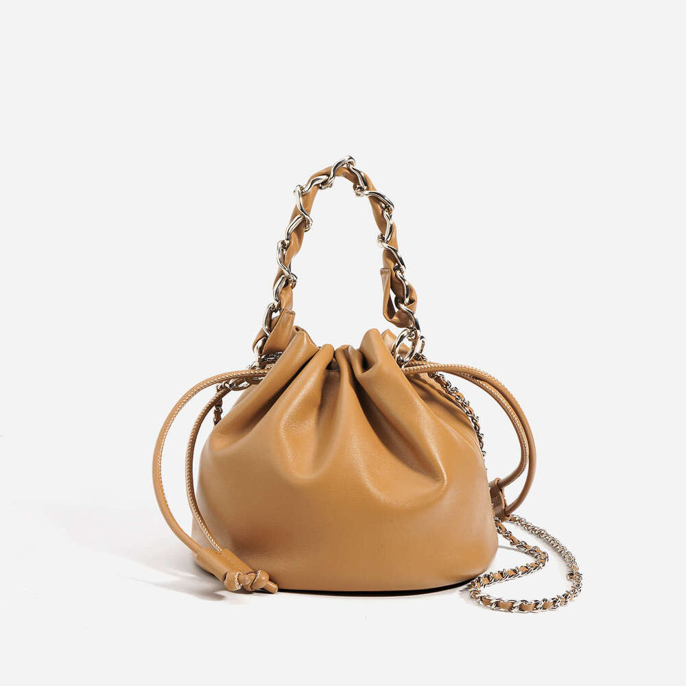 2025 New Textured Genuine Leather Drawstring Crossbody Bucket High-End Versatile Handbag Small Chain Shoulder Bag For Women