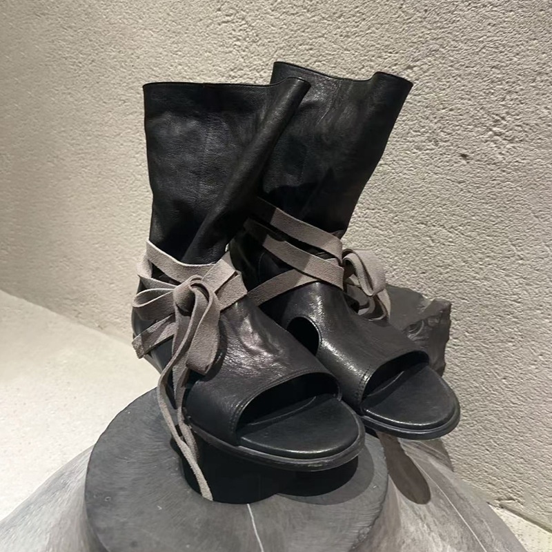 Designer Cowboy Boots Fashionable Women High Top Flats Women Summer Lace Up Open Toe Sandals Western Boots 35-40 XY74