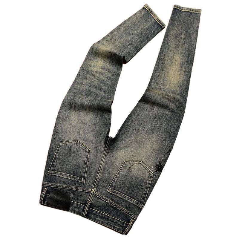 High-End Jeans Men's Autumn and Winter Trends Hole & Patch Light Printed Stretch Slim Fit Skinny Smart Trousers