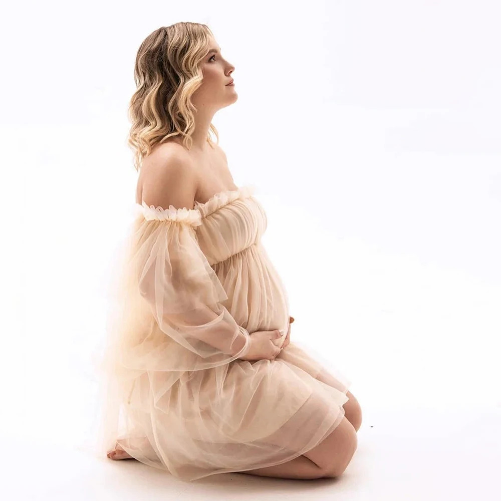 Maternity Mesh Pography Gown Long Sleeves Off-shoulder Elegant Summer Short Dress for Baby Shower Poshoot 250813