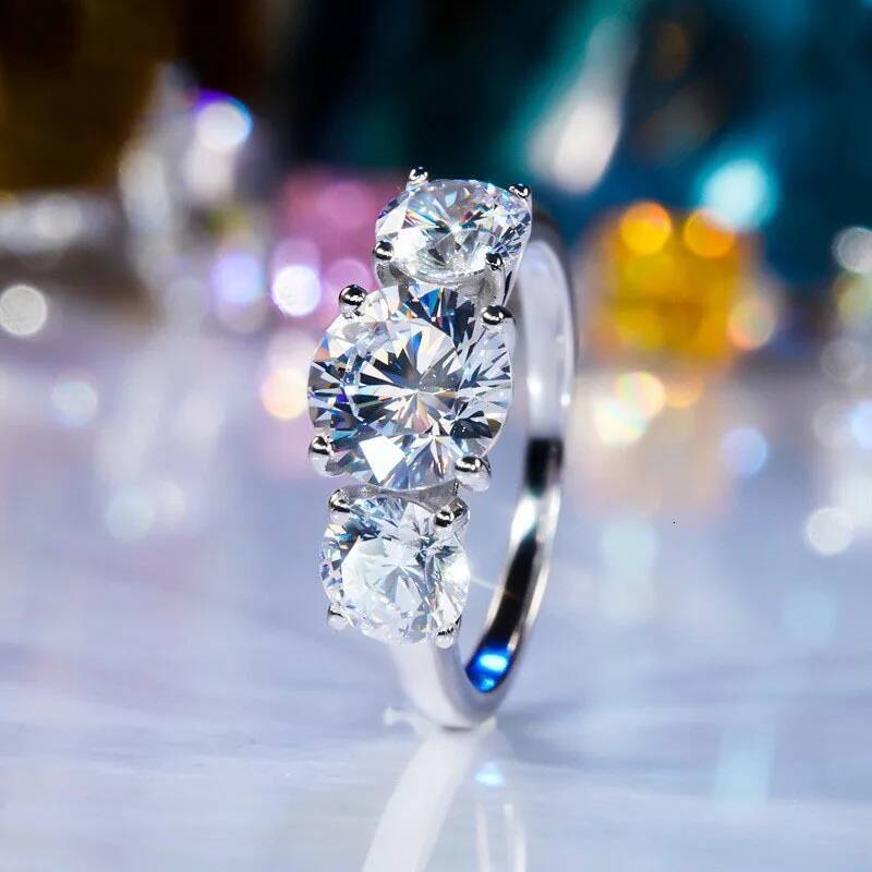 OXTAO Real 925 Silver Engagement Rings Ladies D Color Round Cut 3 Stone Wedding Engagement Promise Ring GRA Certified Jewelry