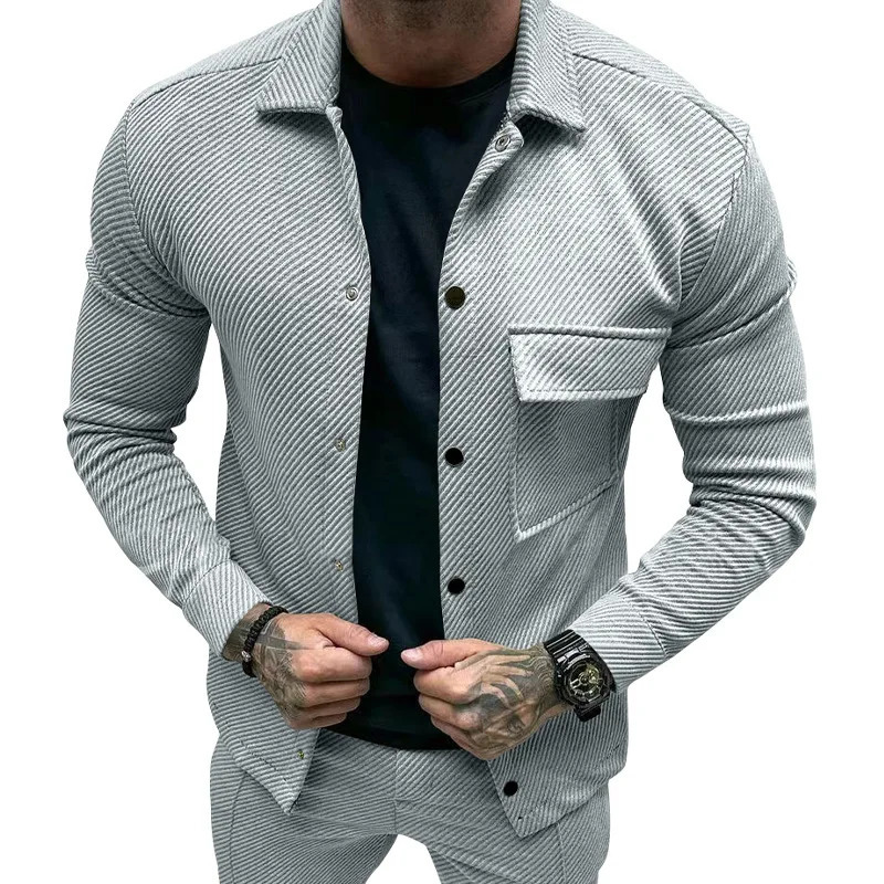 European and American casual mens heavy twill lapel neck long-sleeved single-breasted solid-color slim-fit jacket 250813