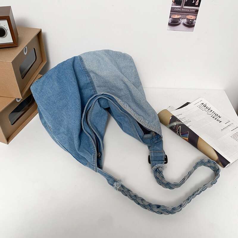 New Korean Version Ins Color Block Denim Crossbody Bag for Women, Lazy Style Large Capacity Shoulder Bag, Bags Designer Women Artistic Student Backpac