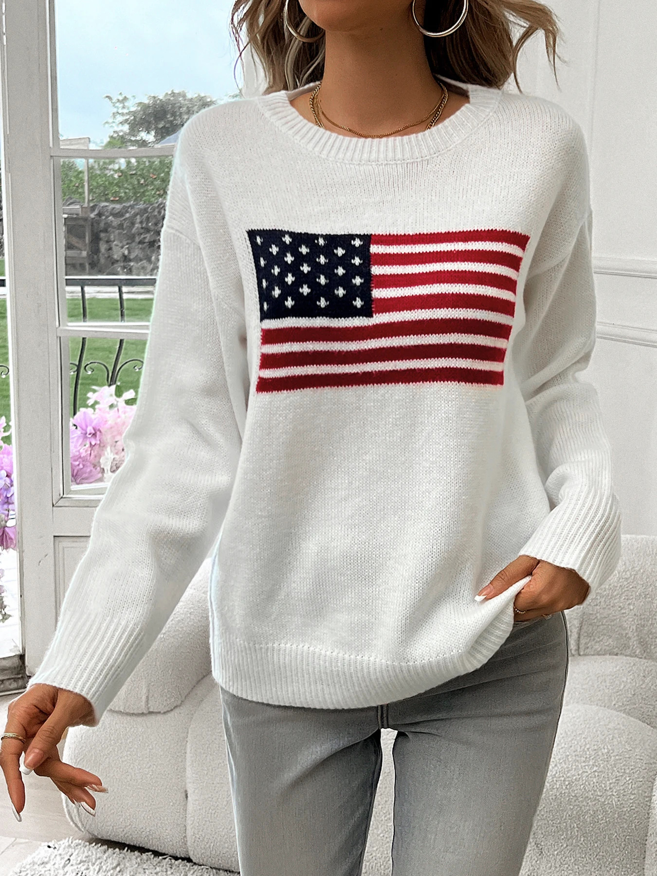American Flag Crew Neck Long Sleeve Pullover Womens Sweater 250808