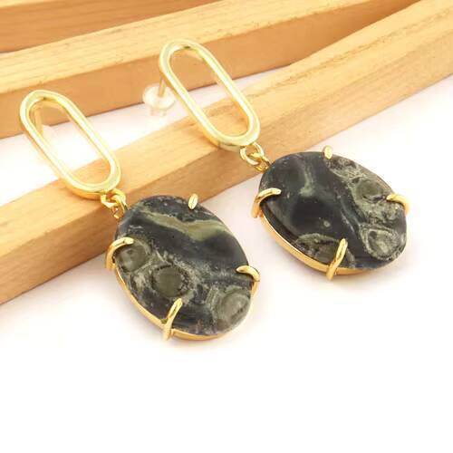 Exaggerated Personality Oval Natural Kambaba Jasper Pointed Inlaid Gold-Plated Hot Earrings Gift