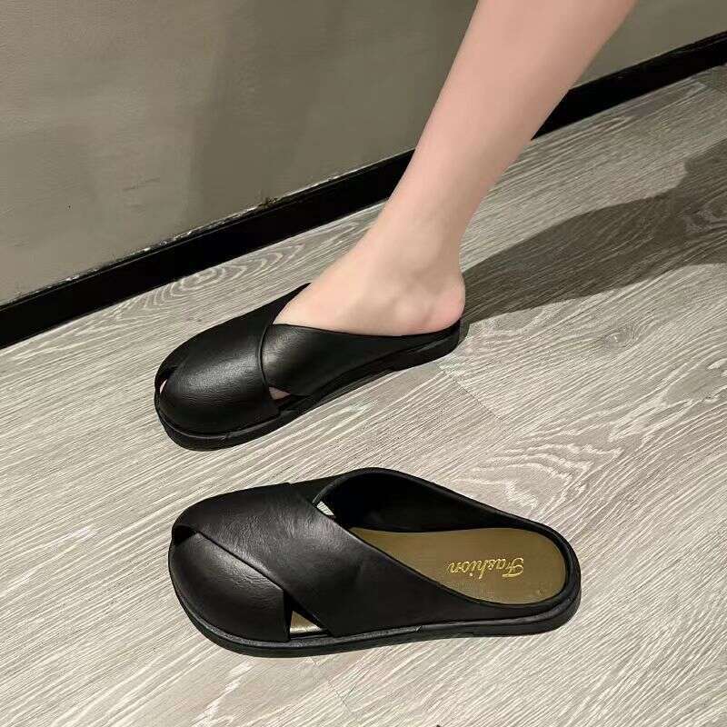 2024 Summer New Peep Internet Celebrity Closed Toe Half Slippers Outdoor Comfortable Lazy Soft Sole Sandals for Women