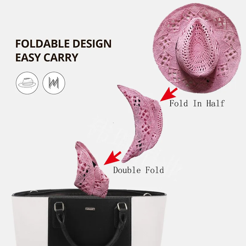 2024 Western Crochet Cowboy Straw Hats for Women Men Solid Color Wide Brim Beach Sun Hat Handmade Hollow Out Cowgirl Cap 250813