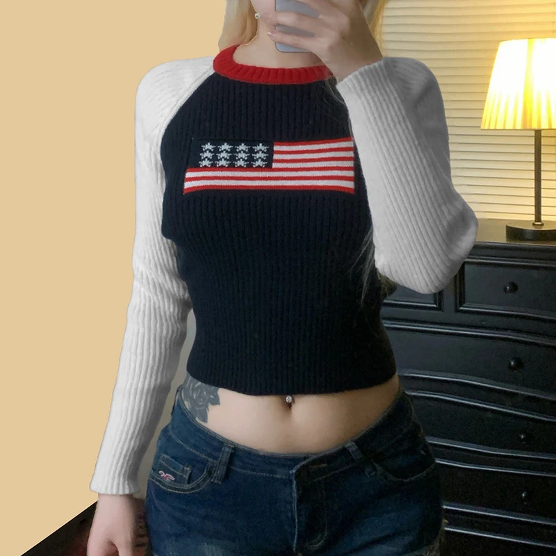 Flag Graphic Colorblock Long Sleeve Sweater Fall Winter Slim Fit Round Neck Short Pullover Casual Fashion Knitwear for Women 250808