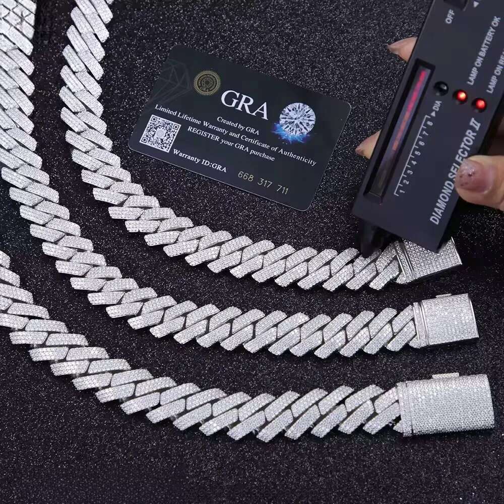 designer chain hip hop jewelry necklace 15mm wide 2rows link chains vvs moissanite white gold plated sterling sier cuban bracelets