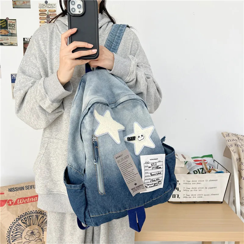 Kids Backpacks Gradient Denim Star Backpack Retro Style Backpack Versatile Travel Backpack Bags for Women Travel Bags School Bag 250813
