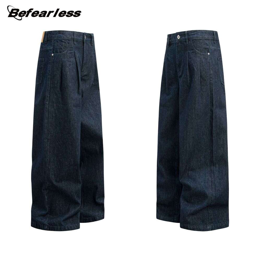 American Style Original Color Wide-Leg Jeans Unisex Trendy Loose Floor-Length Silhouette Couple Straight Casual Long Pants B5