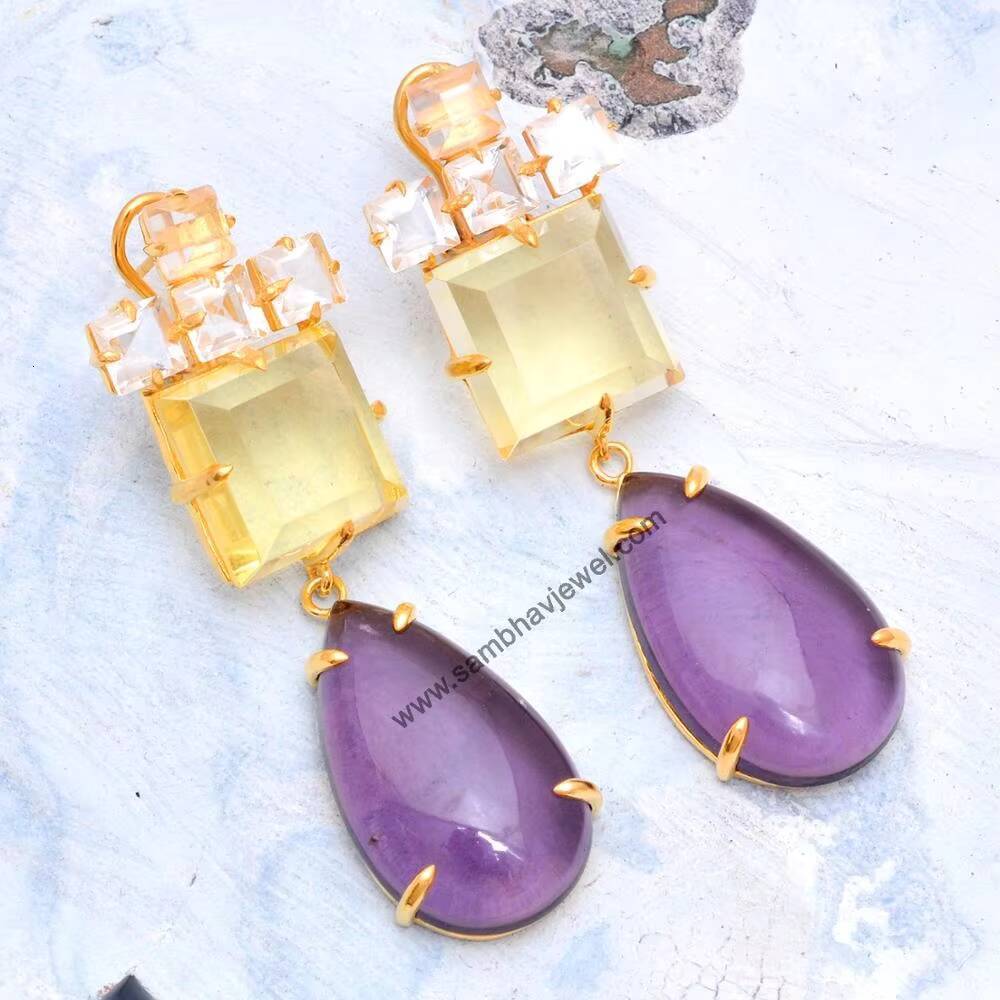 Jewelry Pure Sier Gold Plated Natural Amethyst Drop Pendant Fashion Earrings Price