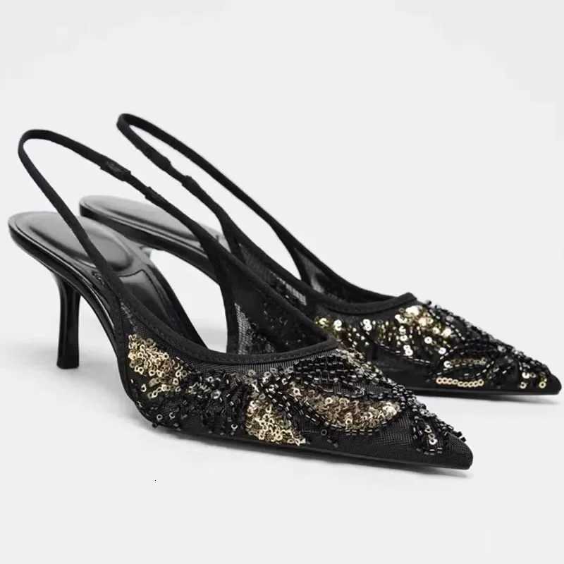Fashion Mesh String Bead Embellished Design Heels Women Elegant Pointed Toe Back Strap Slip-On Sandals Black Party Dress Shoes W250814