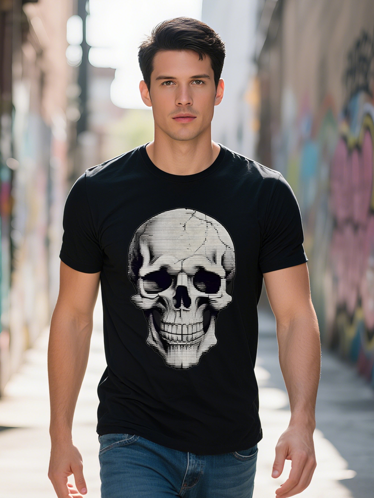 Men S Casual Crew Neck T-Shirt with Cracked Design Black Soft Fabric Perfect for Summer Everyday Print Top
