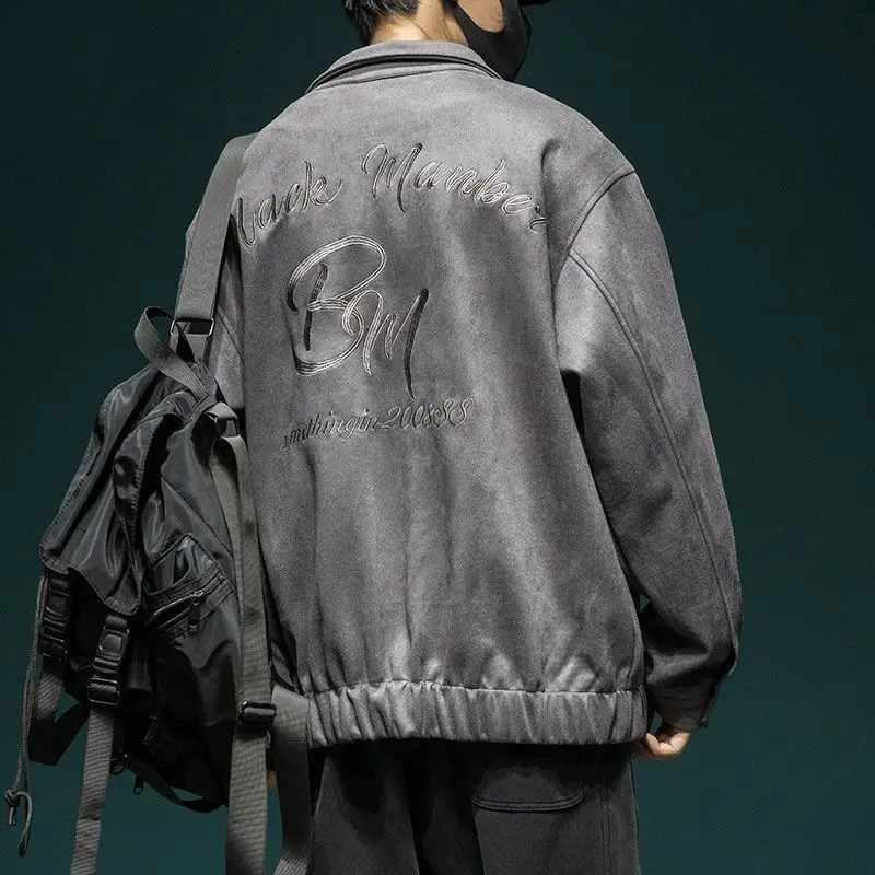 American Vintage Suede Thickened Lapel Baseball Coat Mens Autumn Winter Solid Embroidery Button Pockets Trendy Versatile Jacket 250808