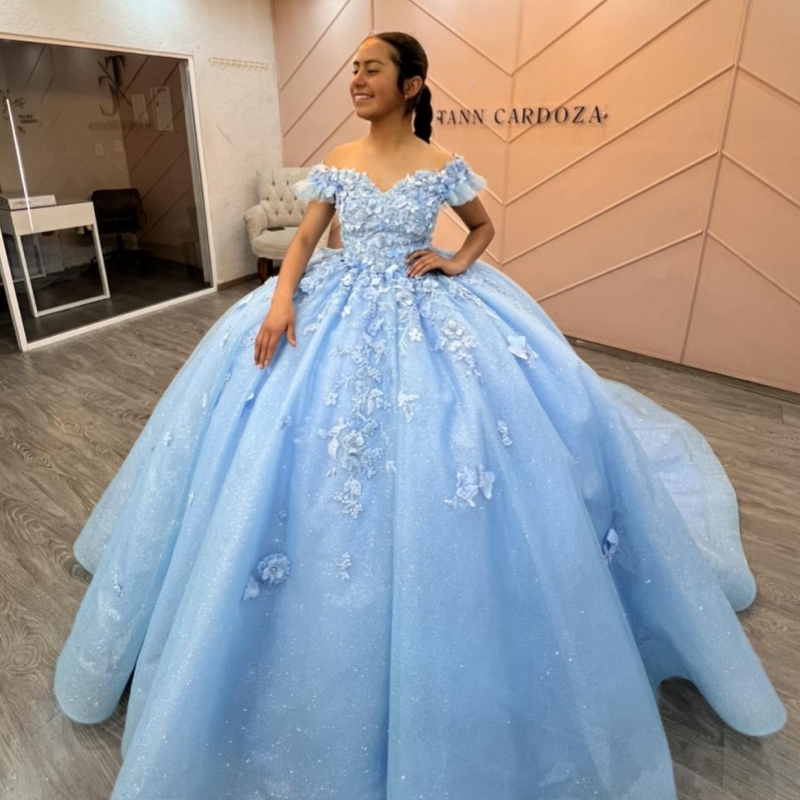 Sky Blue Shiny Quinceanera Dresses Off The Shoulder Applique Beading Bow Tull Party Birthday Ball Gown Vestidos De 15 Anos Sweet 16 Dress