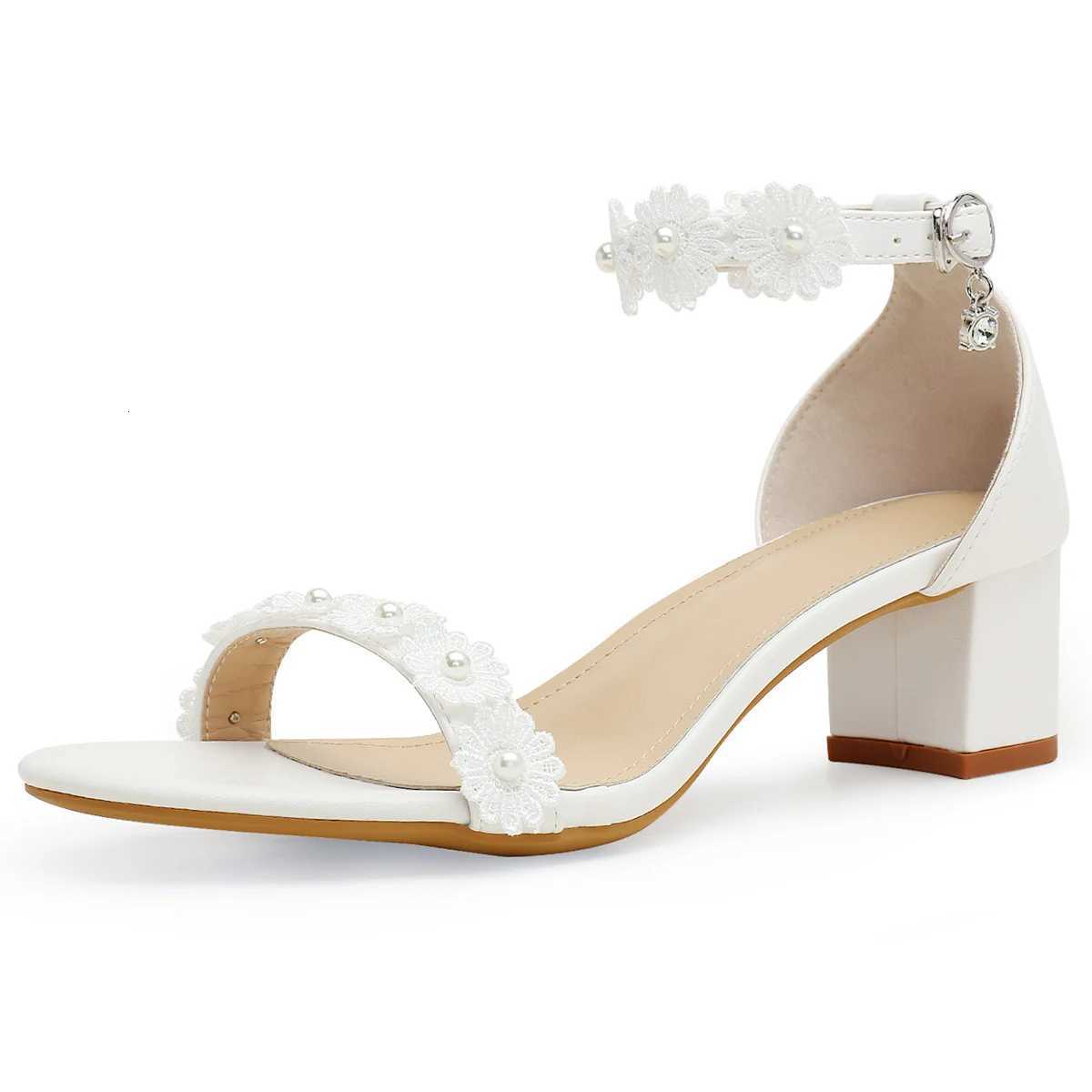 Womens Block Heel Sandals Faux Pearls Decor Flowers Ankle Strap Round Toe Elegant Chunky Heels Minimalist Banquet Wedding Shoes W250814