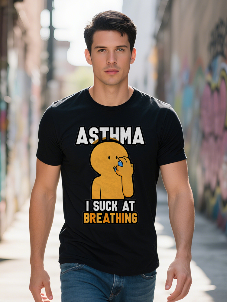 Men s Humorous Asthma Graphic T Shirt Black Casual Round Neck Tee with Cartoon Character I SUCK AT BREATHING Print