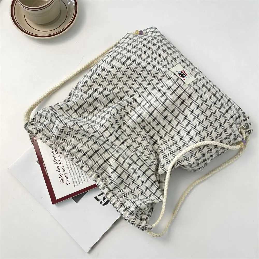 Vintage Korean Plaid Drawstring Bag Y2k Aesthetic Harajuku Plaid Backpack Casual Lightweight Student Schoolbags Outdoor XJ250814