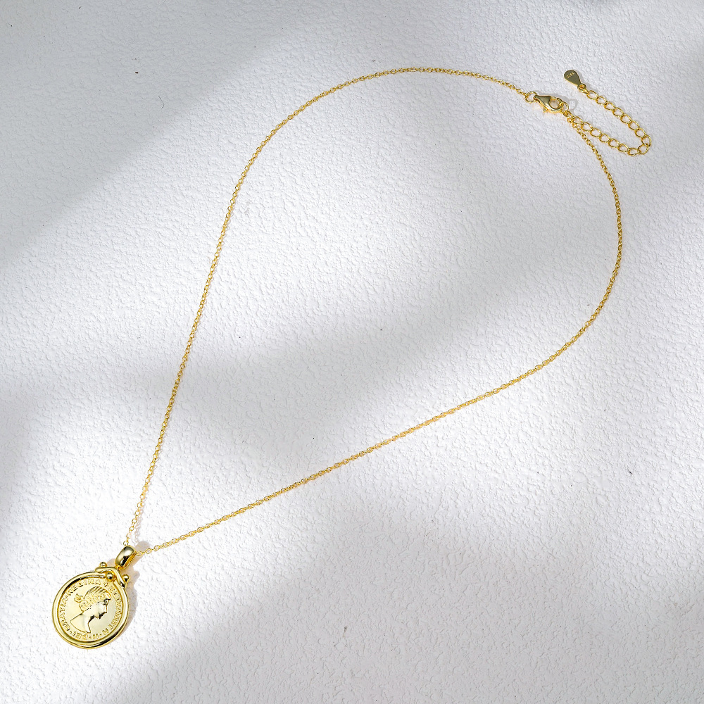 Sterling Sier Palace Portrait Coin Relief Necklace Ins Style Fashion Personality Pendant Clavicle Chain Jewelry for Women