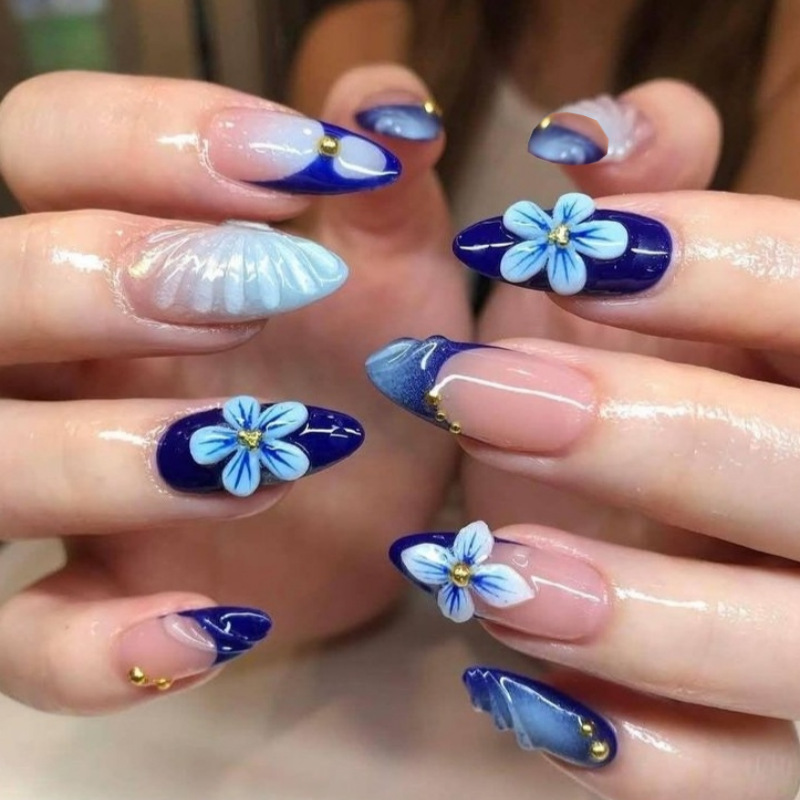 2025 Trendy Handmade Medium Al Press On 10Pcs 3D Blue Flower Design False Nails with Adhesive Glue & Nail File Set X250814