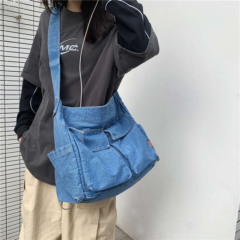 New Chic Personality Double Pocket Denim Crossbody Unisex Large Bags Designer Women Capacity Shoulder Bag Trendy Student Backpack