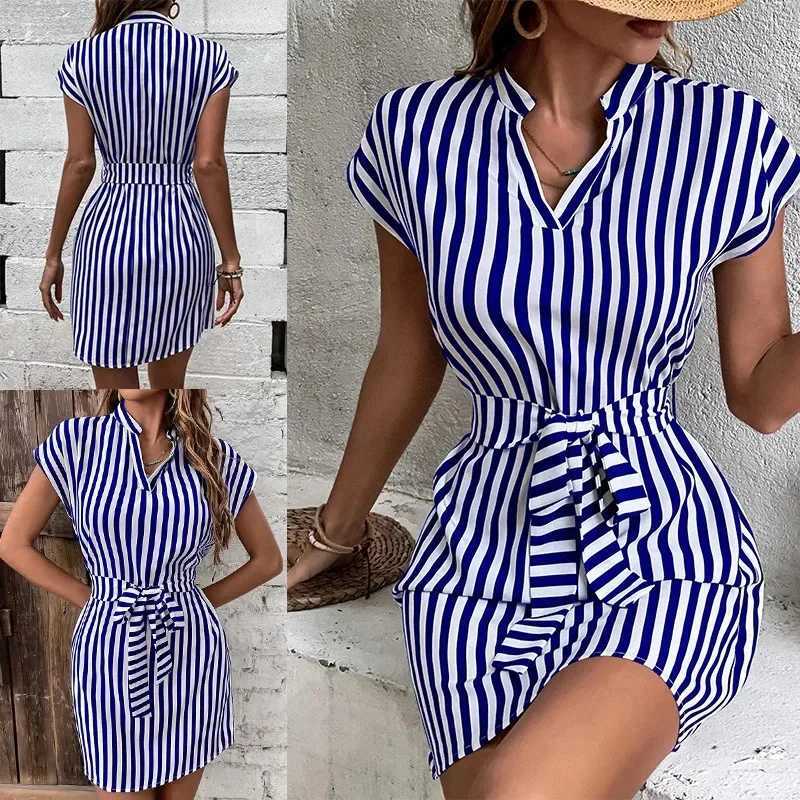 Women Spring Summer Style A-Line Dress Lady Casual Sleeveless Turn-down Collar Striped Printed Dress Vestidos XJ250814