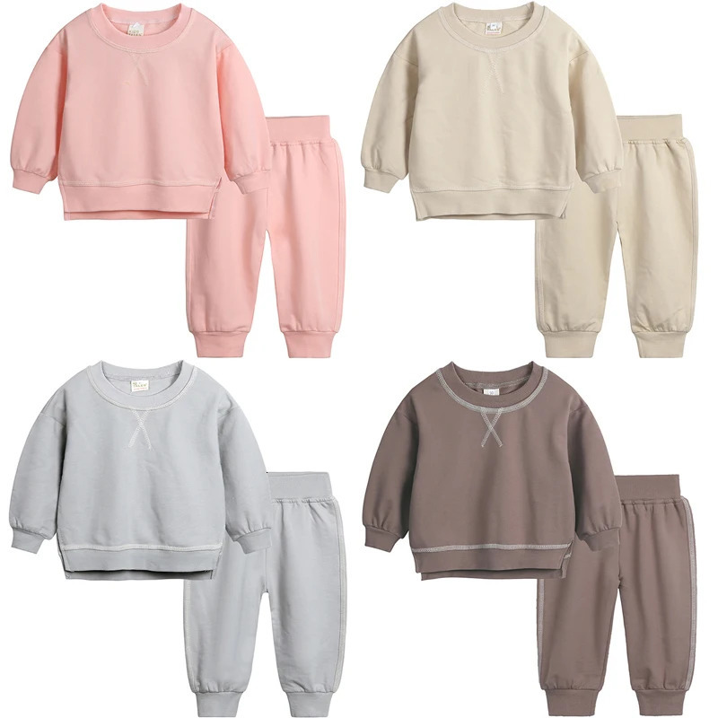 Kids Korean Style Sweatshirt Outfits Solid Cotton Autumn SweatwearPants Boys Girls Casual Suit For Toddler Children Sets 250813