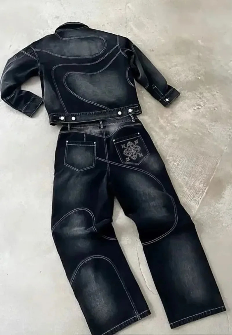 Patch Jeans Retro Striped Embroidered Jacket Two-Piece Set Y2k Suit Mens Harajuku hiphop Embroidered Loose Jeans Old Jacket 250813