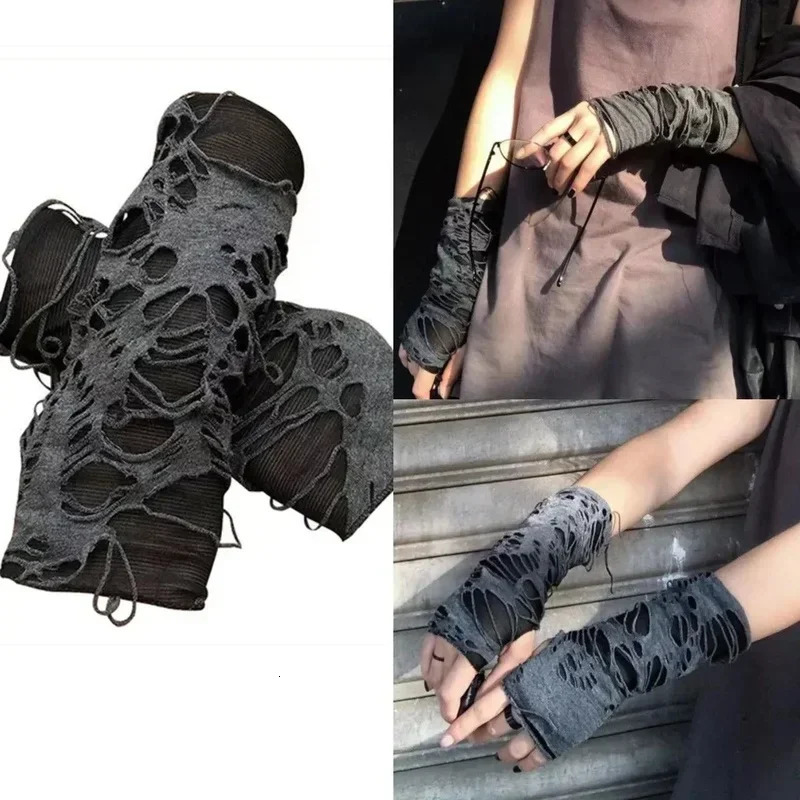 Gothic Black Fingerless Long Gloves Punk Hole Half-finger Glove Arm Warmer Beggar Cosplay Halloween Costume Accessories 250813