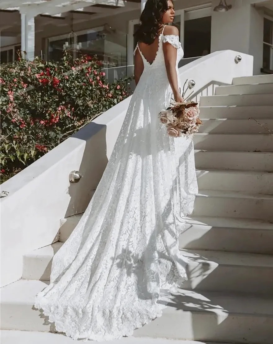 Boho Wedding Dress for Women Bride Slit Off the Shoulder Backless Lace Summer Beach Bridal Gowns Vestidos De Noiva Robes de Mariee