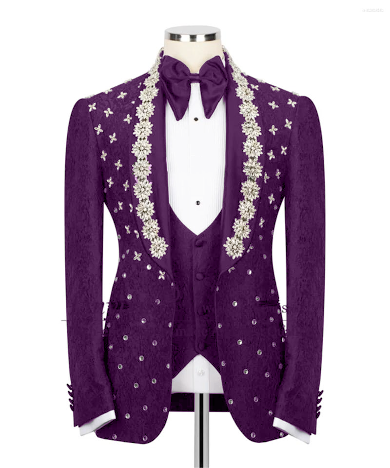 Men's Suits Sparkly Beaded Ornament Tuxedos Men 3 Piece Sets Wedding Groom Male Prom Blazers Customized Slim Dinner Trajes Para Hombre
