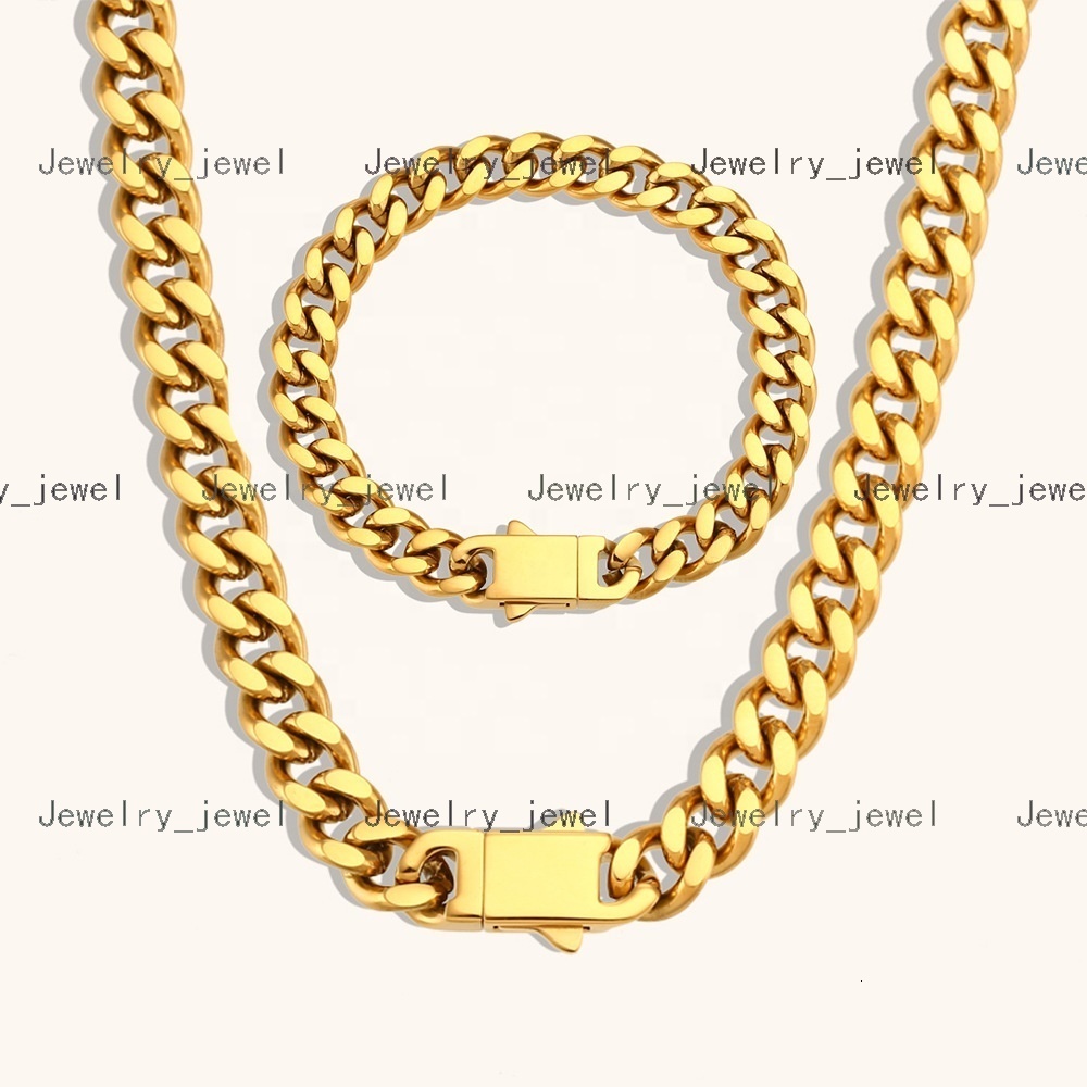 Wholesale Stainless Steel Jewelry Set 18k Pvd Gold Plated Icy Cuban Link Necklace and Bracelet