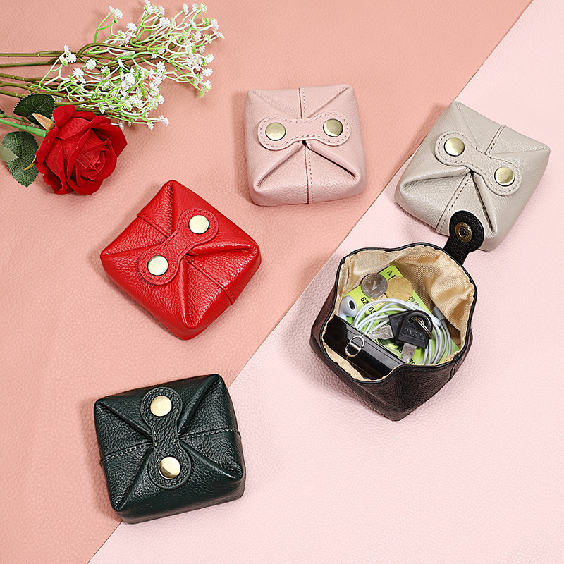 Genuine Leather Coin Purse Women Mini Small Square with Four-Button Closure for Coins, Lipstick, Earphones, Data Cable, Anti-Lost Storage Bag