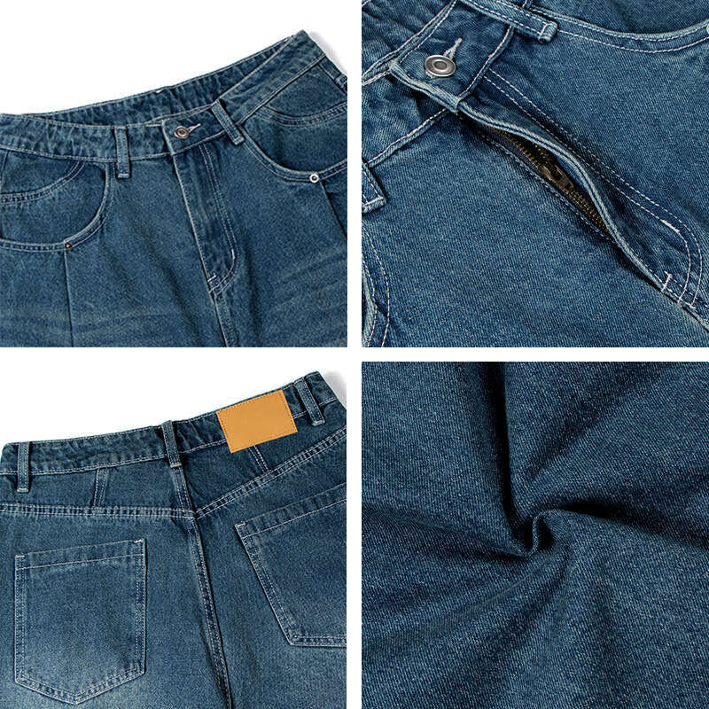 American Style Washed Vintage Double Pleat Jeans Unisex Trendy Loose Wide Leg Floor-Length Casual Pants B5