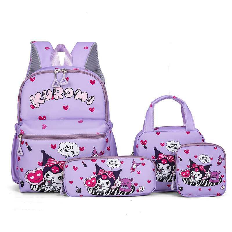 New Style Backpack Girls, Four-Piece Set, Kuromi Large Capacity, Suitable Elementary School Students in Grades Three to Six, Double Shoulder Bag for G