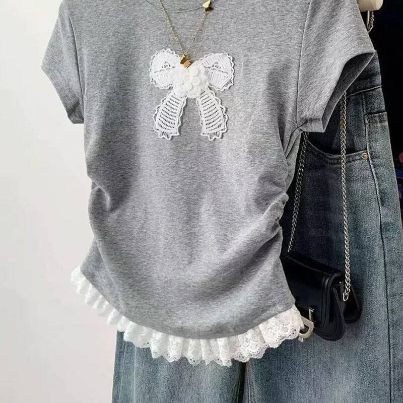 2025 vintage bow lace short sleeved T-shirt for women, Y K round fashion neck stitched design top for women, summer Korean slim fit cropped pants T-sh
