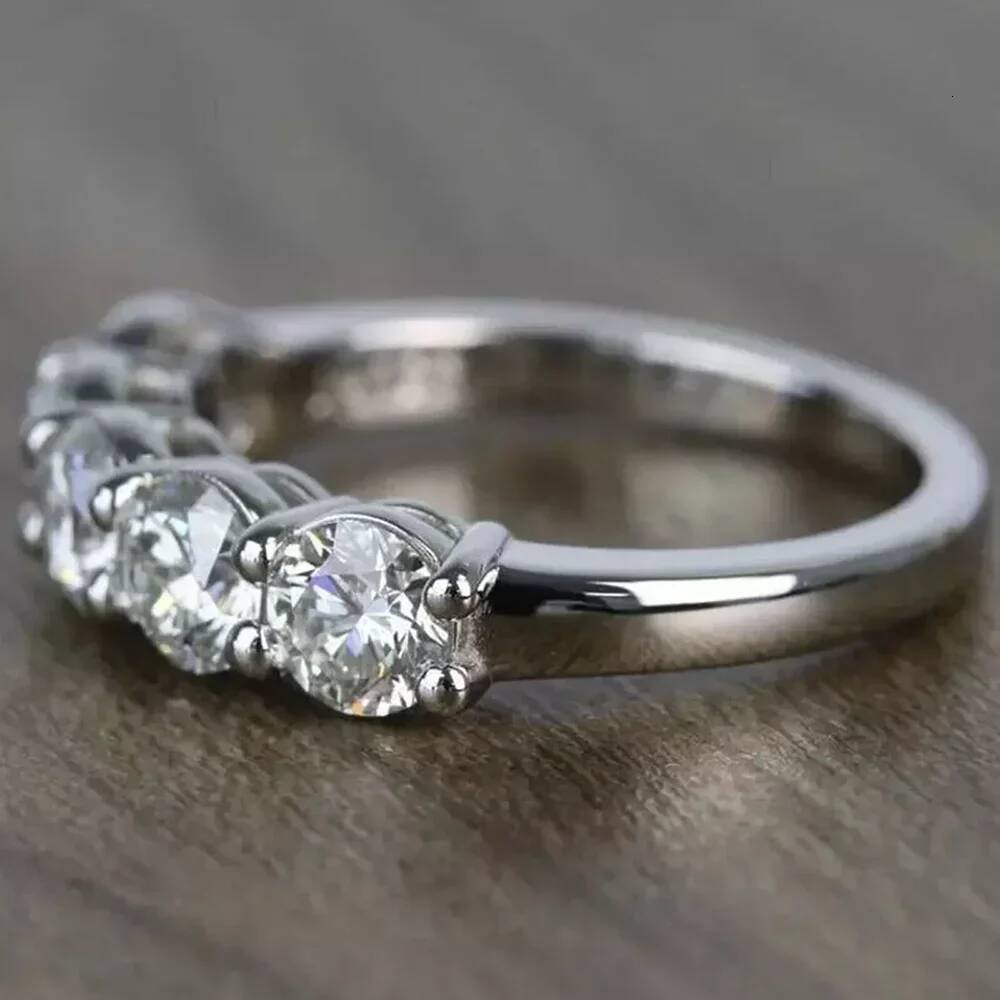 5 Stone Round Brilliant Cut Moissanite Wedding Rings Half Eternity Band 925 Silver 4mm Lab Diamond Wedding Ring for Women Men