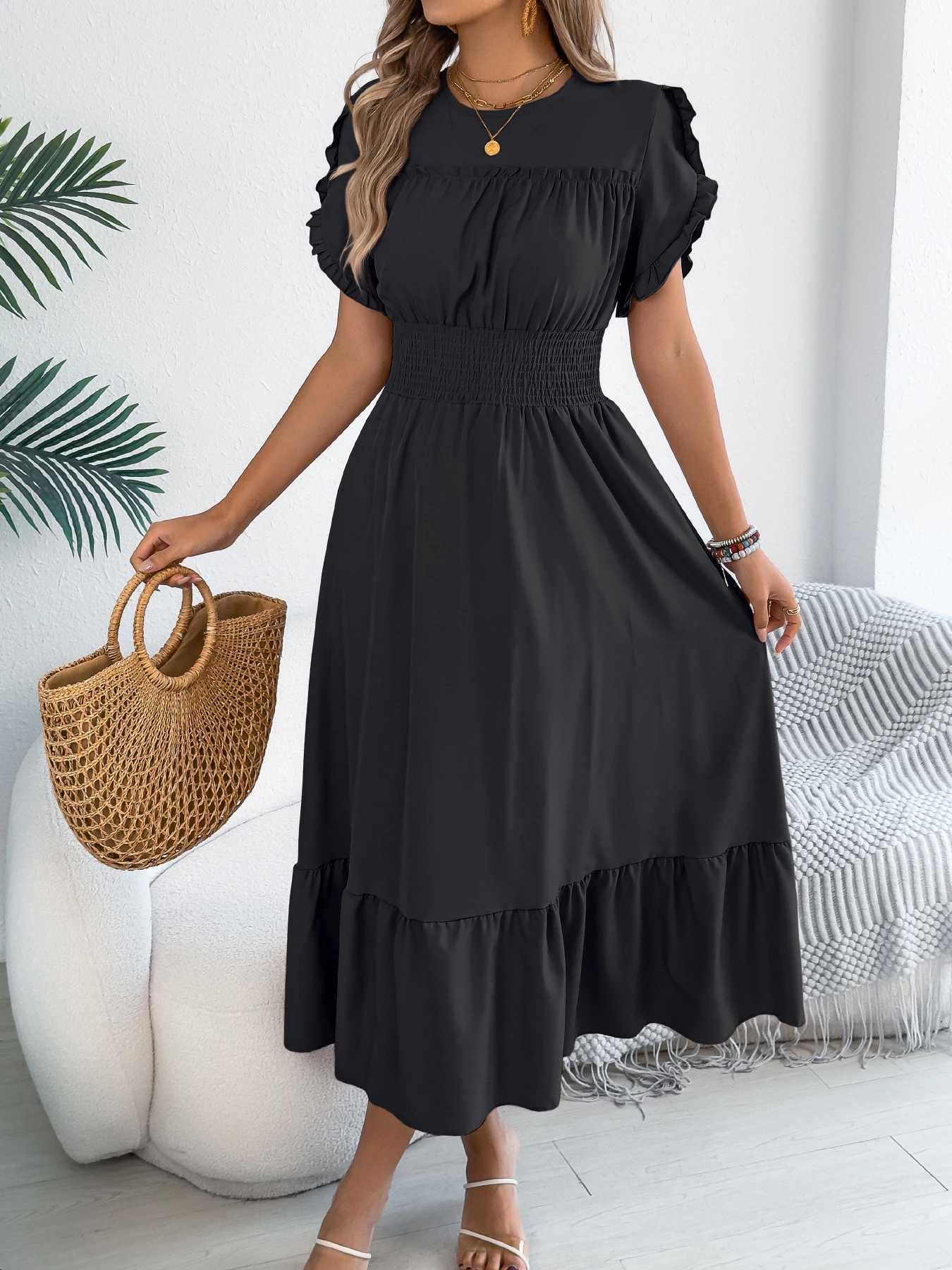Casual Ele Round Neck Ruffled Waist Cinched Dress Long Dresses Spring Summer Fashion Womens Gown XJ250814